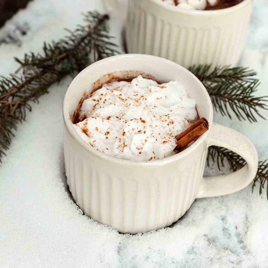 Two mugs of dark hot chocolate with cinnamon sticks in them, sitting in the snow.
