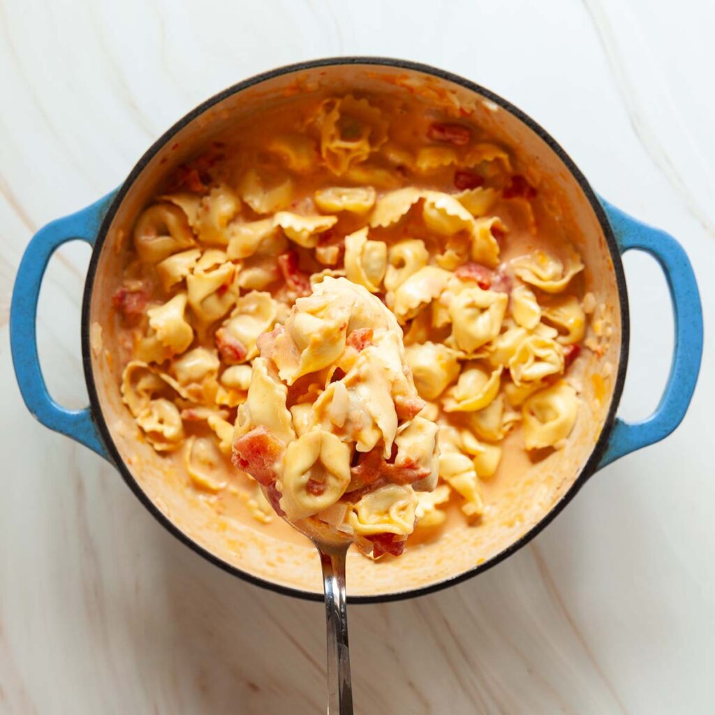 A spoonful of cheeseburger pasta being lifted from a Dutch oven.