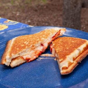 A pie iron pizza cut in half on a plate with cheese oozing out.