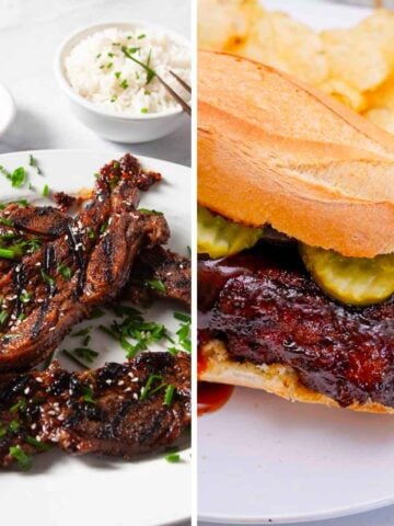A platter of Korean bbq ribs and a homemade mc rib sandwich.