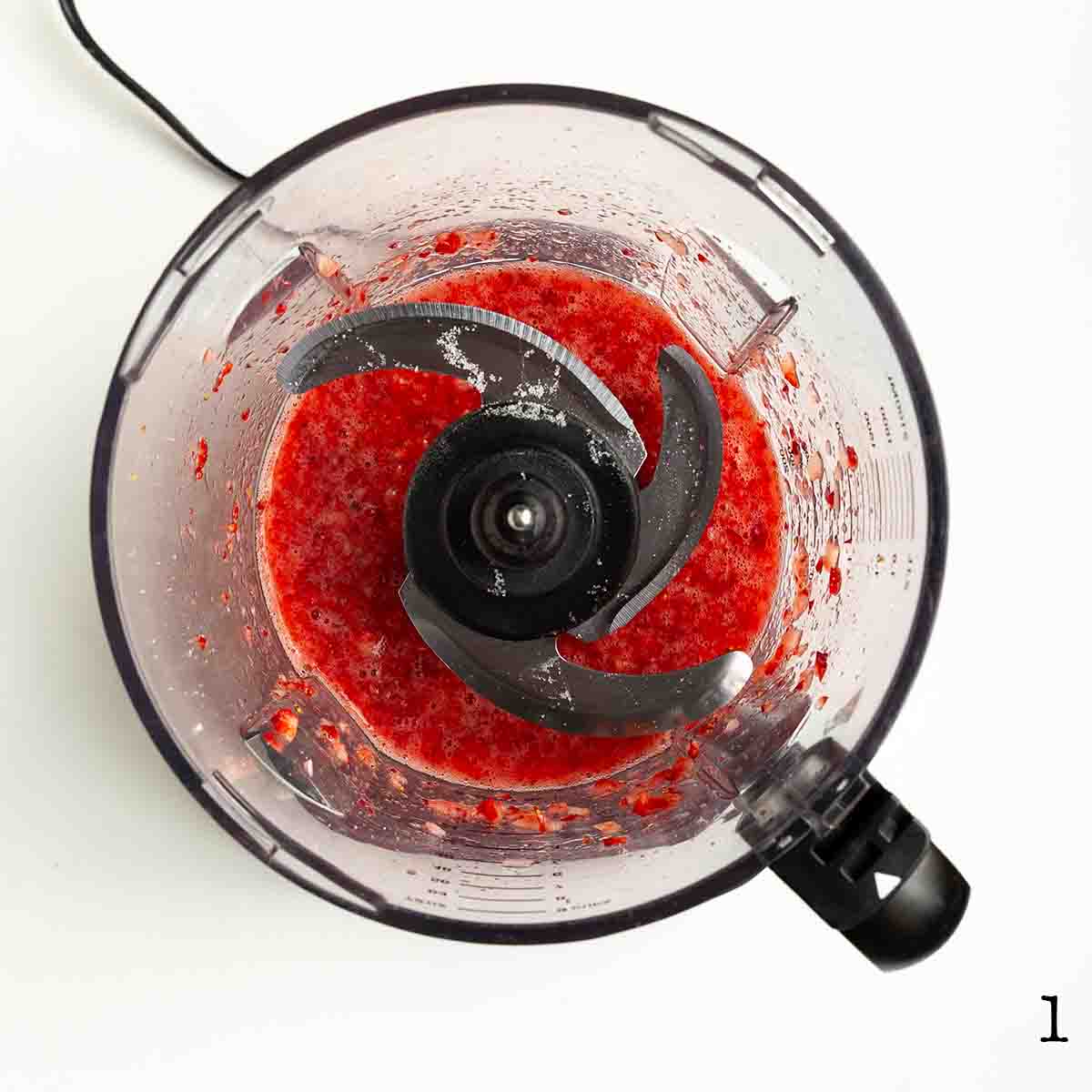 Strawberry puree in a food processor.