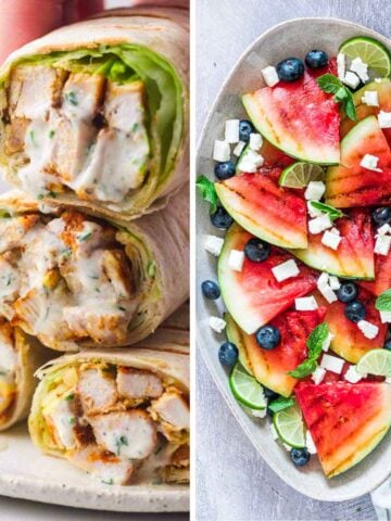 Four stacked chicken wraps and a grilled watermelon salad on a platter.