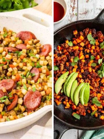Two skillets, each filled with a different type of breakfast hash.