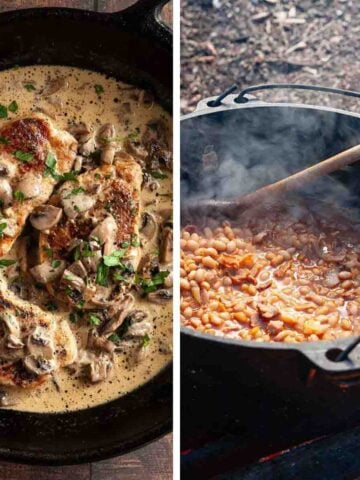 A skillet with mushroom pork chops and a Dutch oven filled with baked beans.