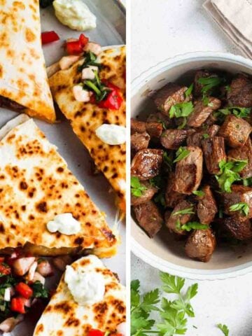 A platter of quesadillas and a bowl of seared steak bites.