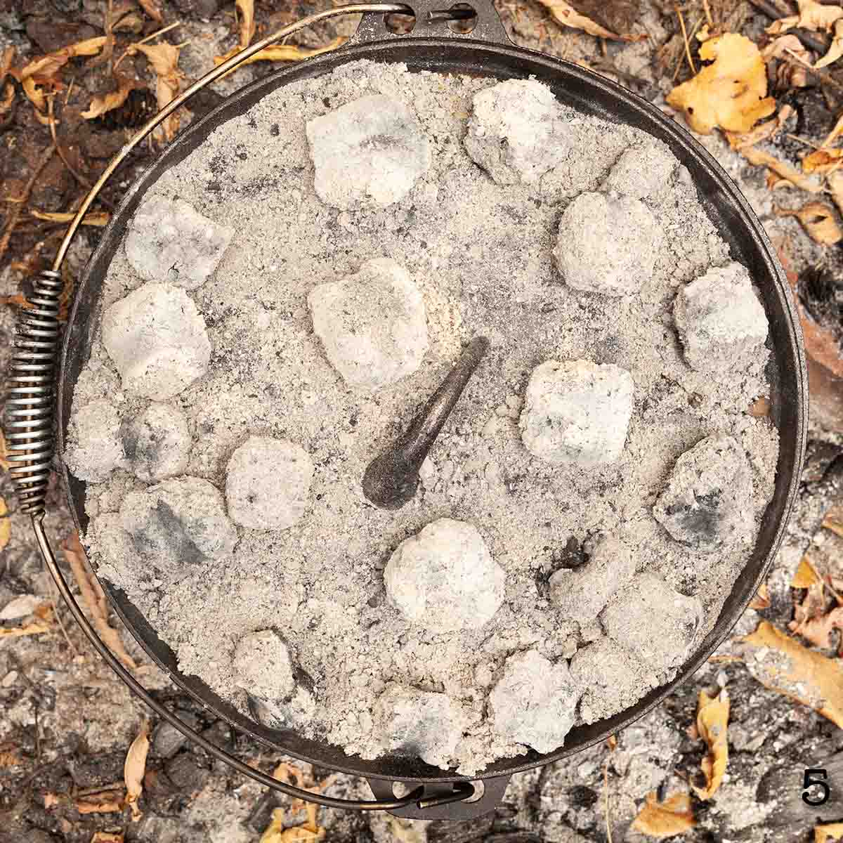 A cast iron Dutch oven covered in hot coals.