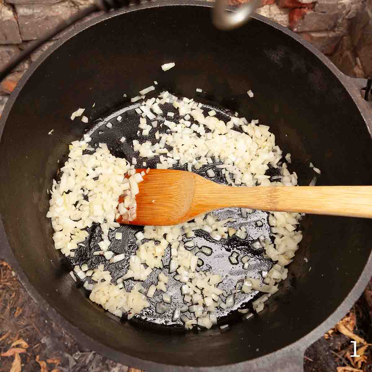 Onion cooking in a Dutch oven.