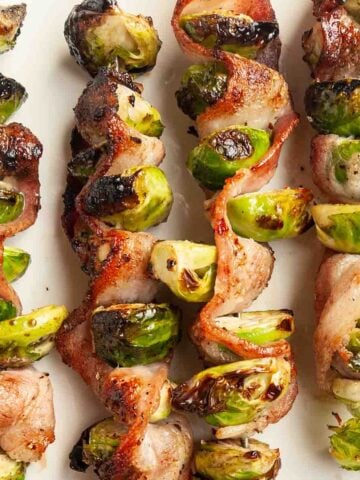 Skewers of grilled Brussels sprouts and bacon.