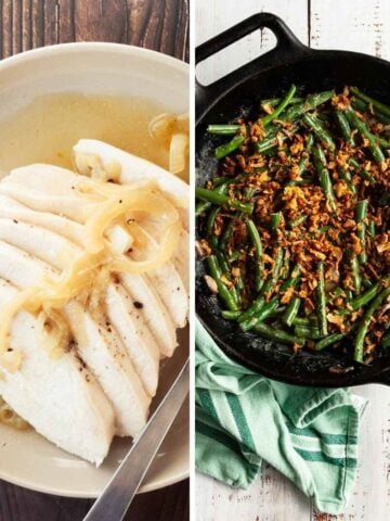 A plate of sliced turkey and a skillet filled with green beans.
