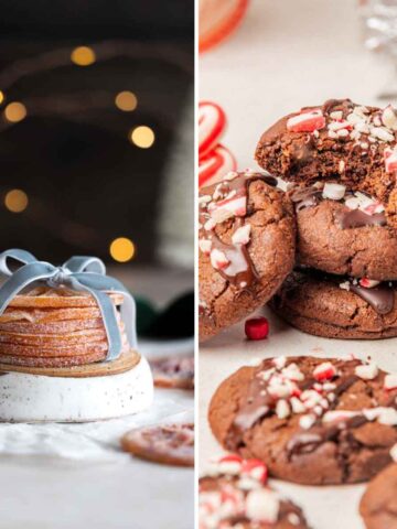 A stack of candied orange slices and a stack of chocolate cookies with candy canes.