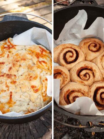 A loaf of cheddar beer bread in a Dutch oven and cinnamon rolls in a Dutch oven.
