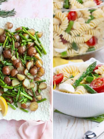 A platter of asparagus and red potatoes an a bowl of pasta salad with asparagus and tomatoes.