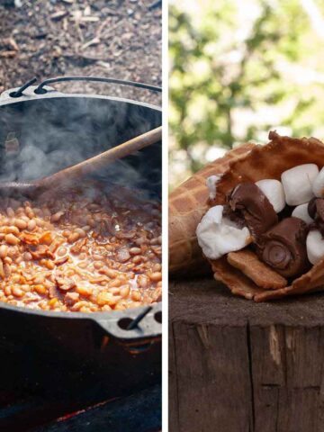A pot of beans and a waffle cone filled with chocolate and marshmallows.