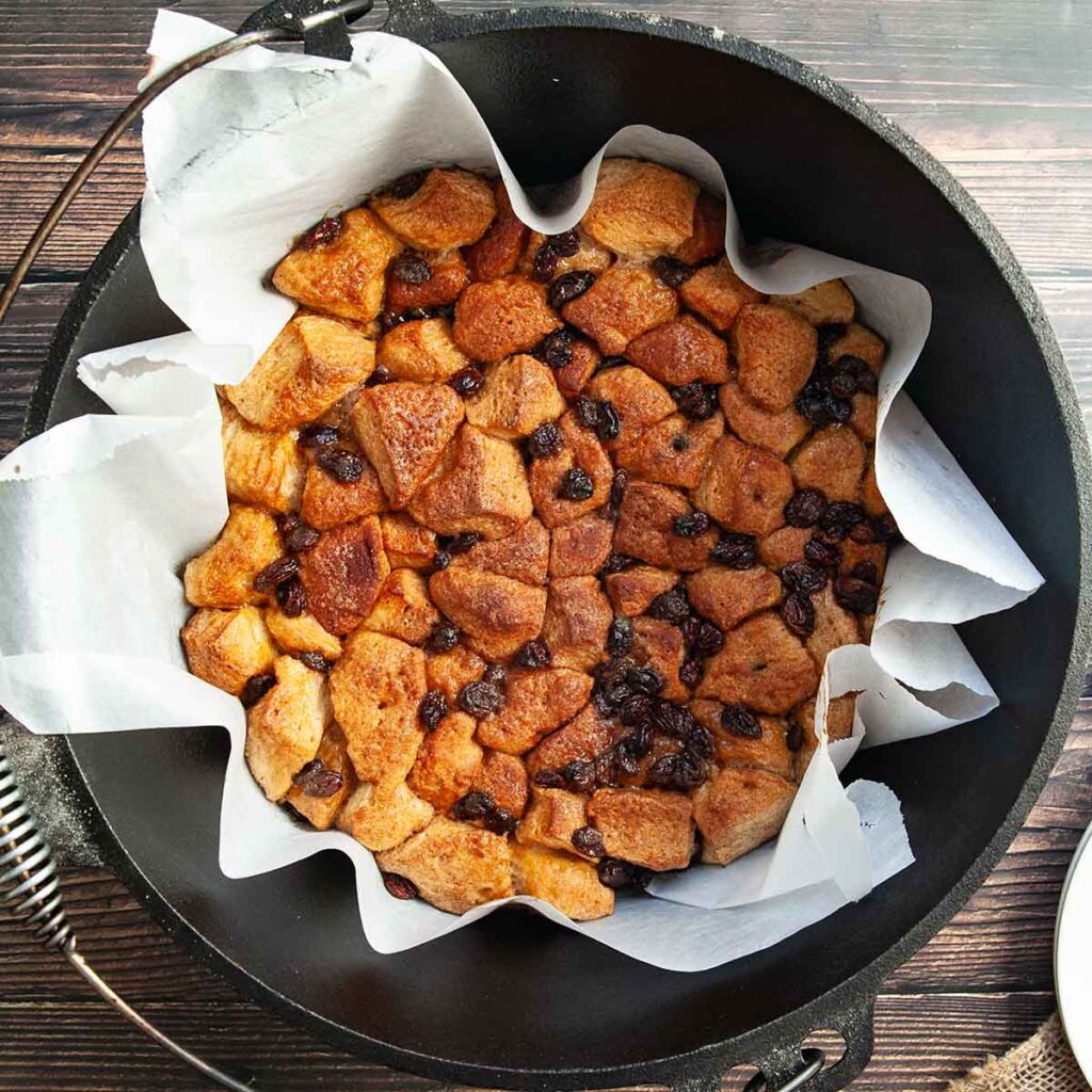 A Dutch oven filled with monkey bread.