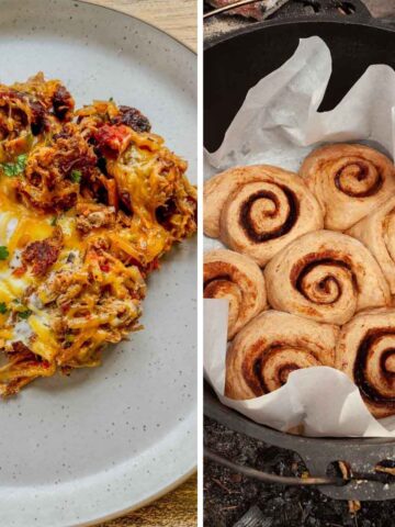 A plate of crispy hash browns and a Dutch oven filled with cinnamon rolls.