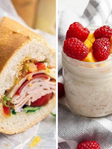 A piece of an Italian sandwich and a jar of overnight oats with raspberries and peaches.