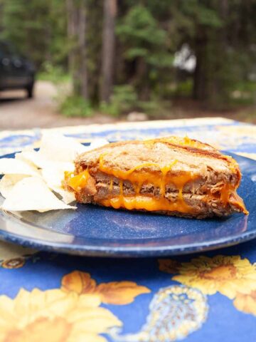 A grilled cheese sandwich cut in half and a handful of potato chips.