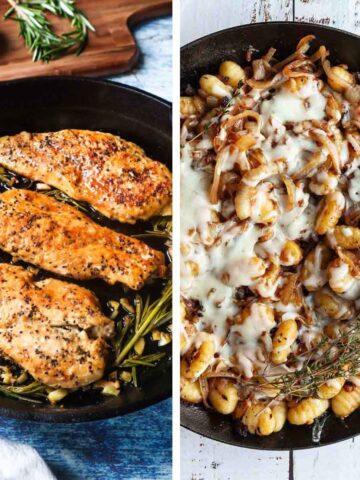 A skillet with three chicken breasts and a skillet filled with cheesy gnocchi.