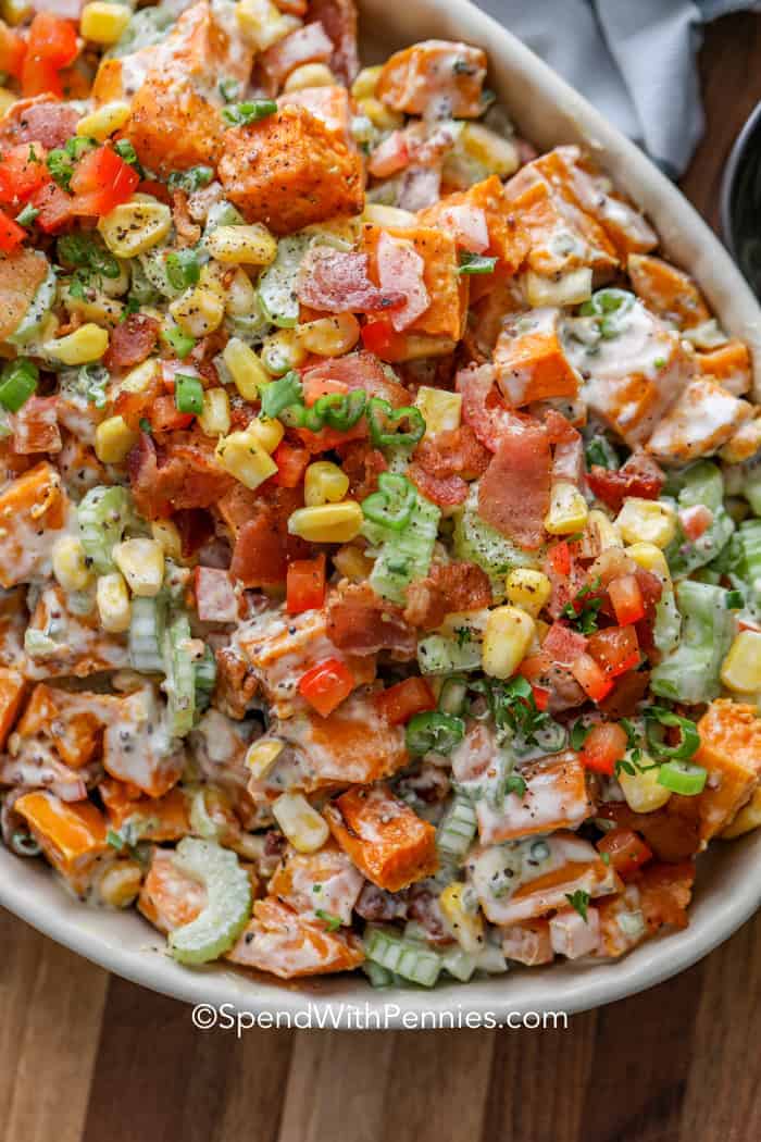 A large bowl filled with sweet potato salad.