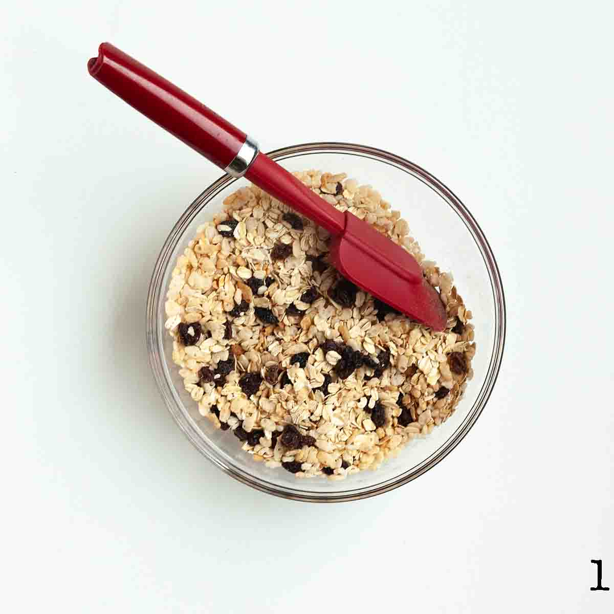 A bowl filled with oats, raisins, and rice krispie cereal.