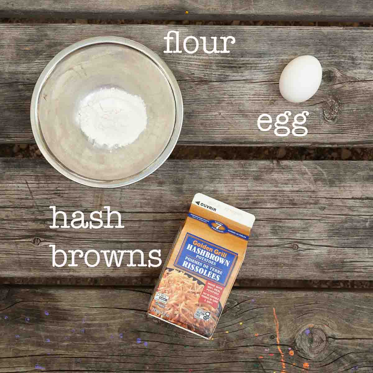 Ingredients for pie iron hash brown patties--flour, egg, and dehydrated hash browns.
