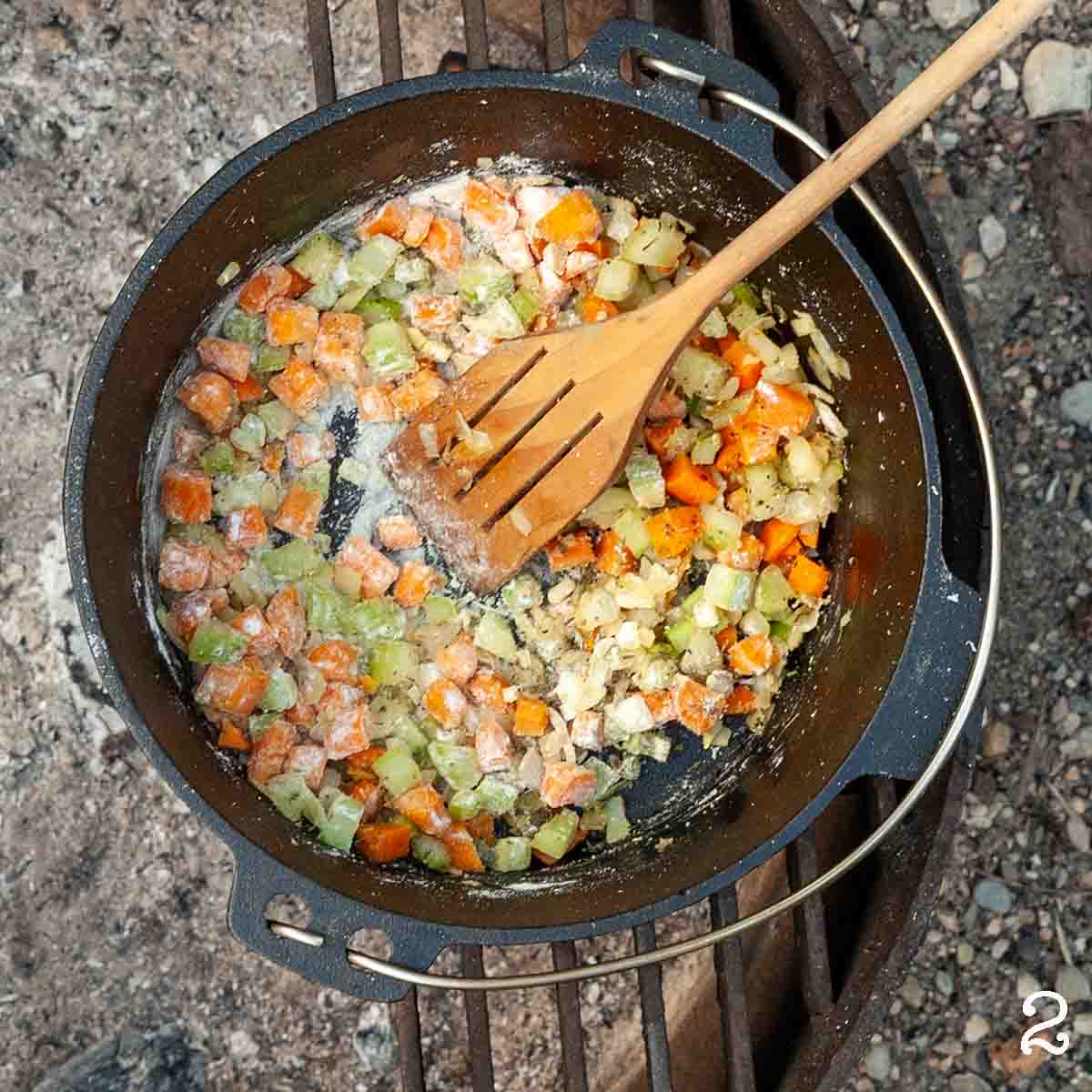 Cooked celery, carrot, and onion mixed with flour in a large Dutch oven.