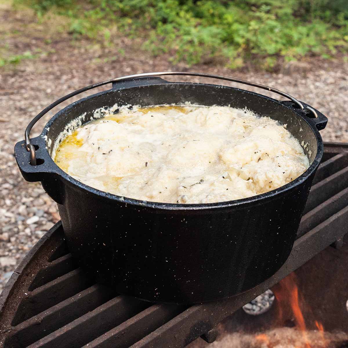 A large Dutch oven filled with chicken and dumplings.