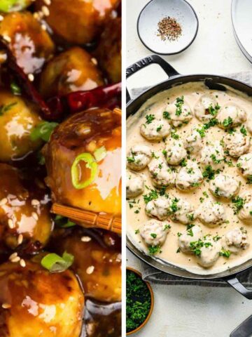 Meatballs coated in a glaze and a dish of Swedish meatballs.