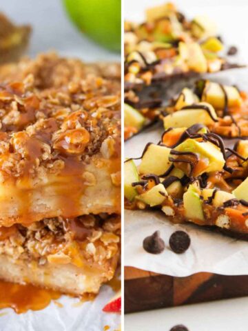 A stack of apple bars and a few pieces of caramel apple bark.