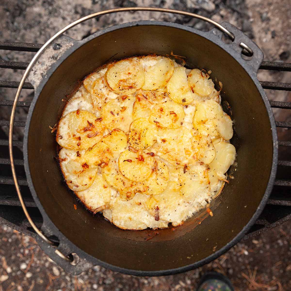 A Dutch oven filled with sliced potatoes and melted cheese.