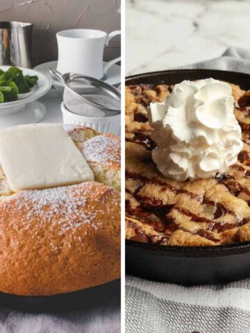 A giant pancake and a cookie in a mini skillet.